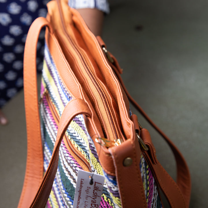 Water-Resistant Office goer Tote Yellow with Purple Colour Prints