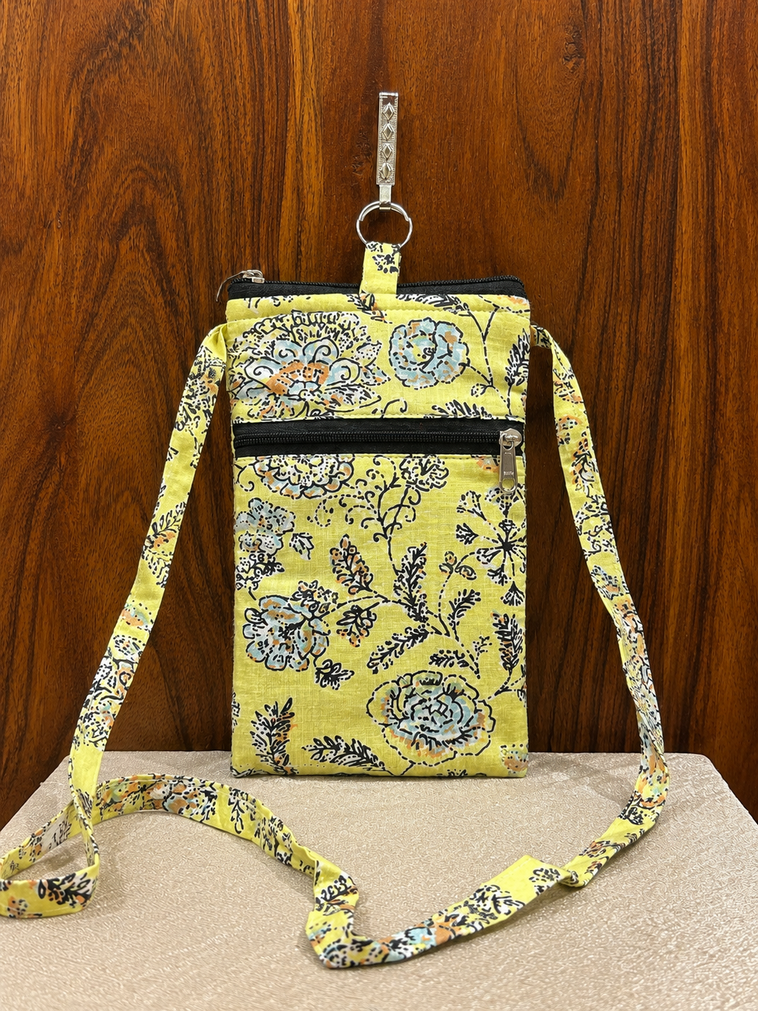 Mobile Sling -yellow with floral print  (With Saree Clip)