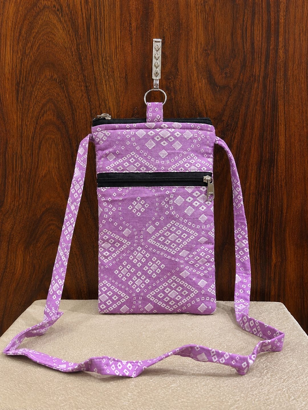 Mobile Sling -light purple / lavender patterned (With Saree Clip)