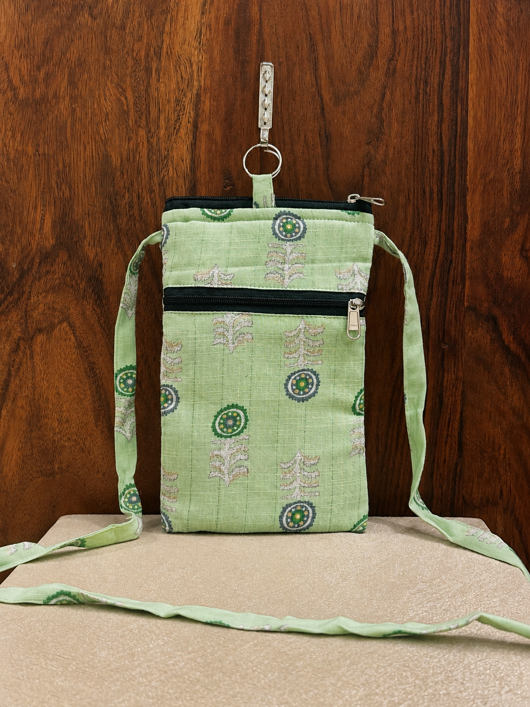 Mobile Sling - Green Floral Motif (With Saree Clip)