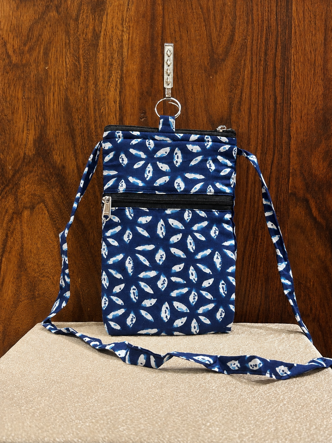 Mobile Sling - Navy Blue Floral Print (With Saree Clip)