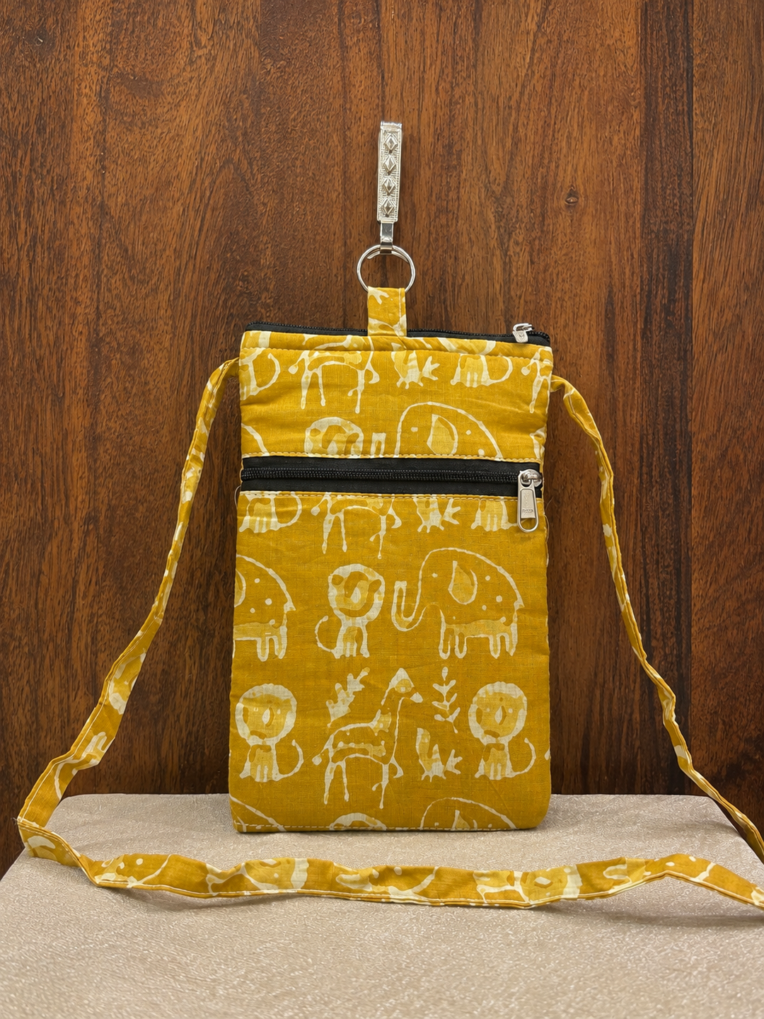 Mobile Sling - Mustard Yellow with animal Printed(With Saree Clip)
