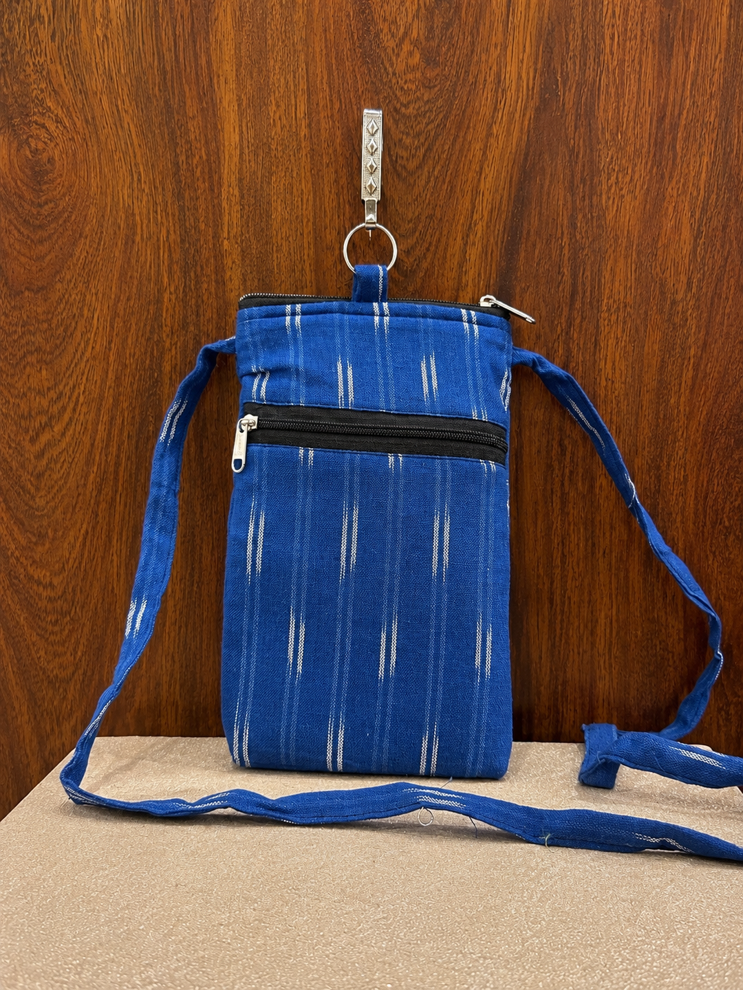 Mobile Sling - blue color plaid pattern(With Saree Clip)