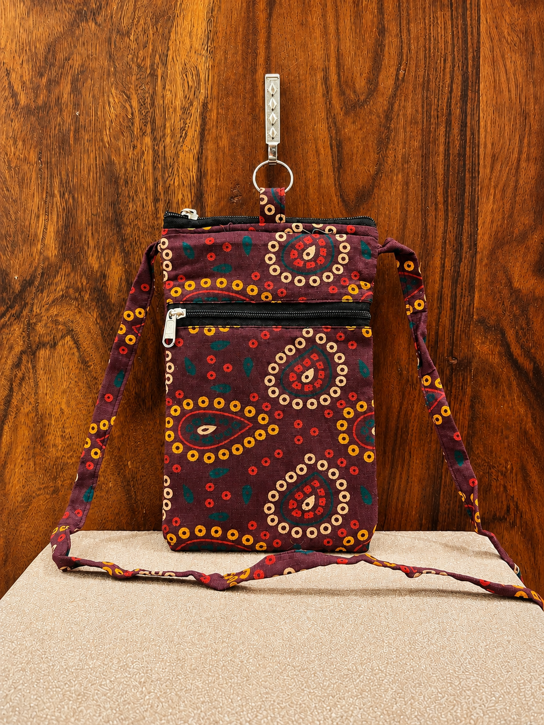 Mobile Sling -Dark Brown Mandala printed (With Saree Clip)