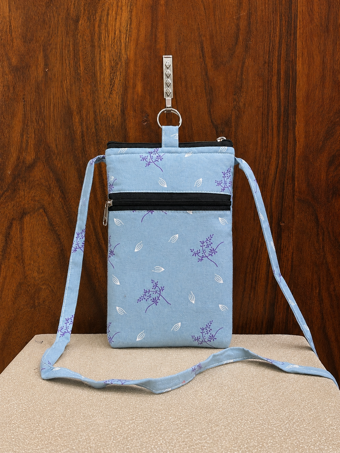 Mobile Sling - light blue with leaf printed(With Saree Clip)