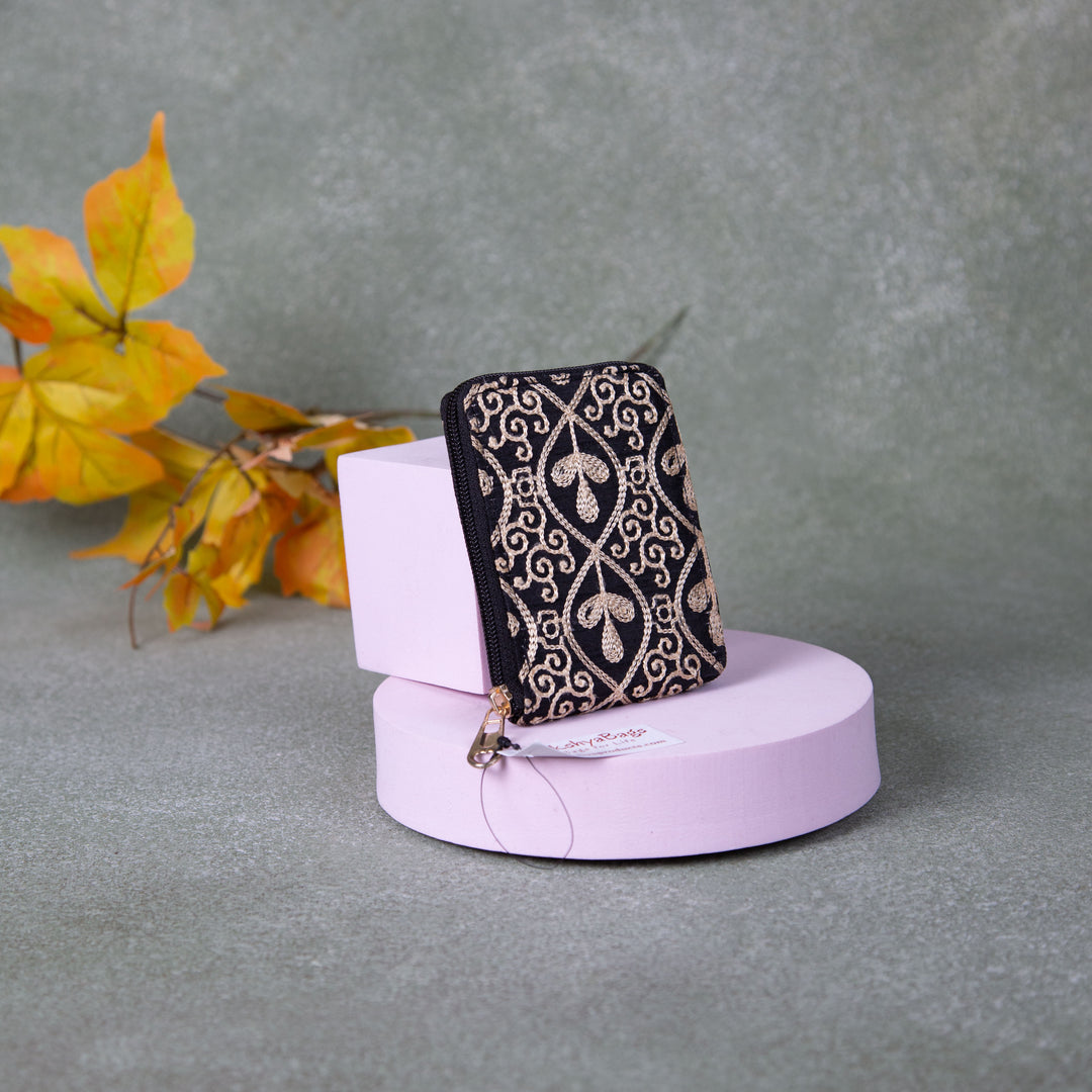 Handmade Wallets - Embroidery Mini Black Colour with Golden Flower Design.