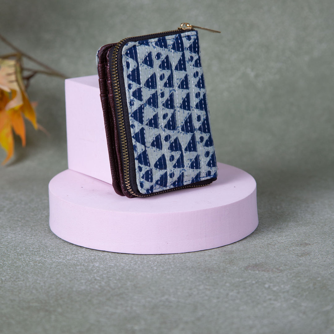 Handmade Wallets - Mini white with Blue Small Triangle Design