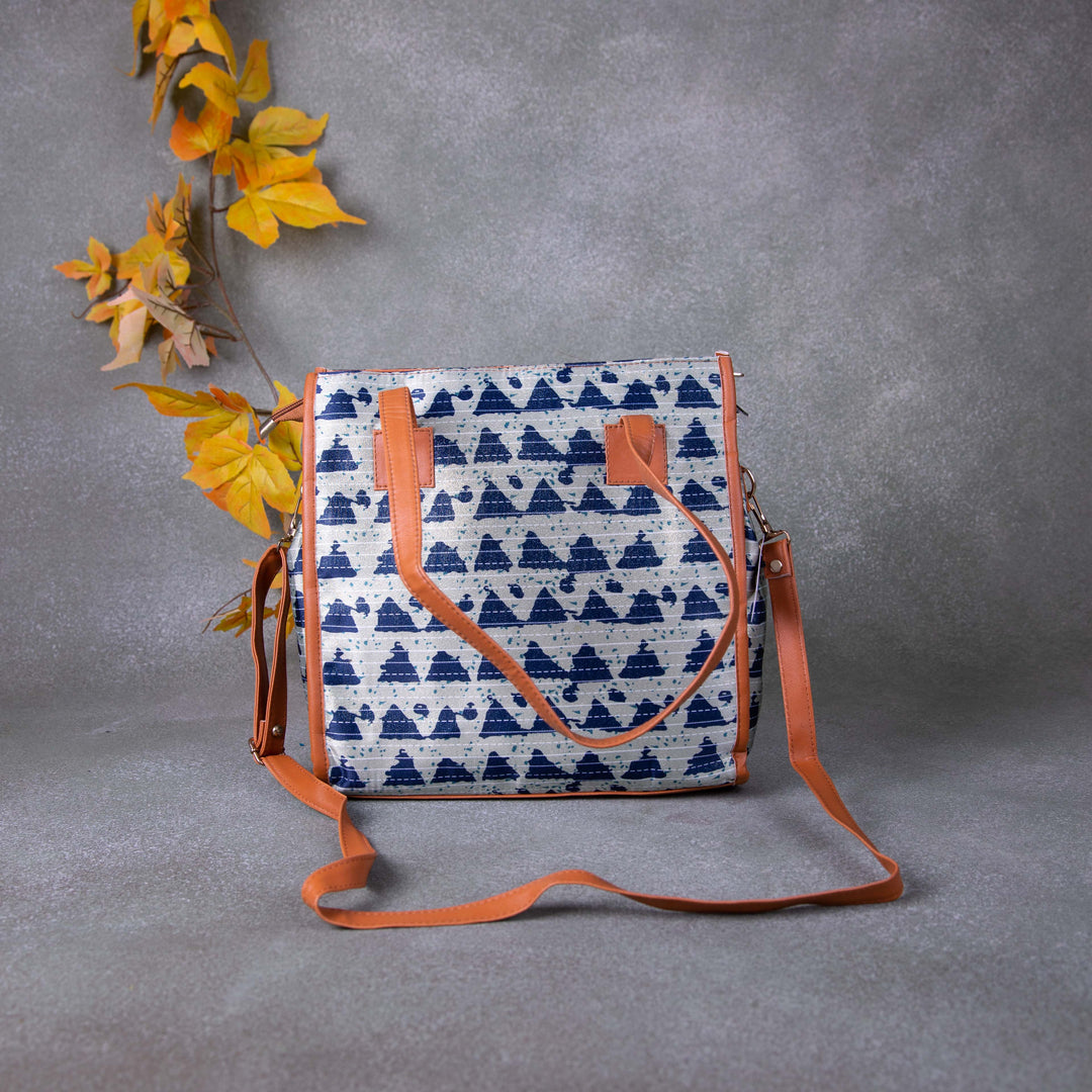 Office Tote Cum Sling Blue and White Triangle