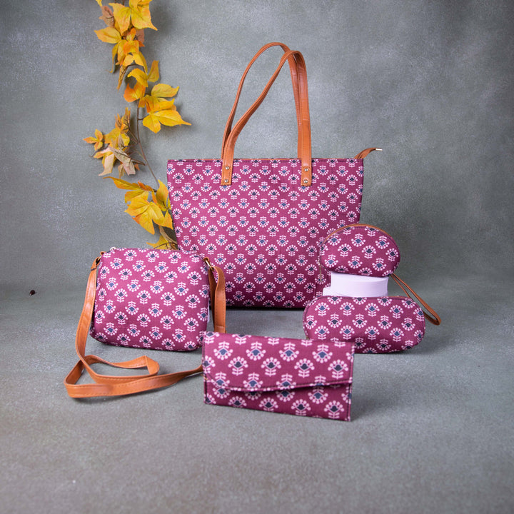 Go Special Tote Combo Set Maroon Colour with Blue Flower Design