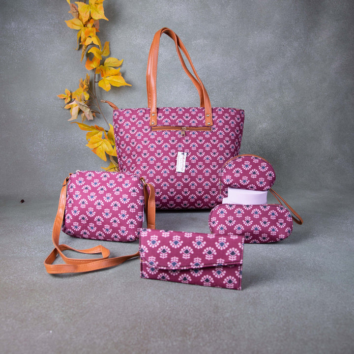 Go Special Tote Combo Set Maroon Colour with Blue Flower Design