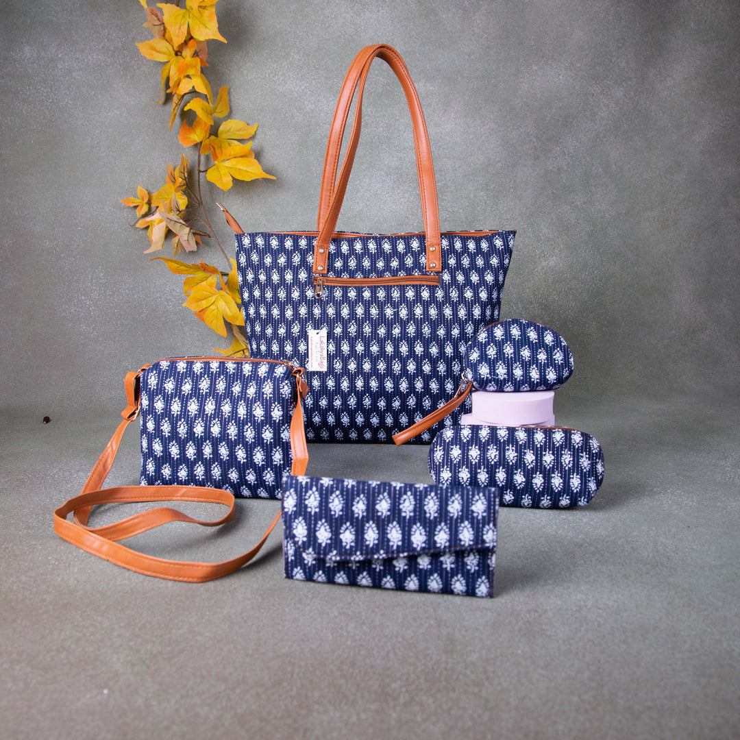 Go Special Tote Combo Set Blue with White small Flower Design.