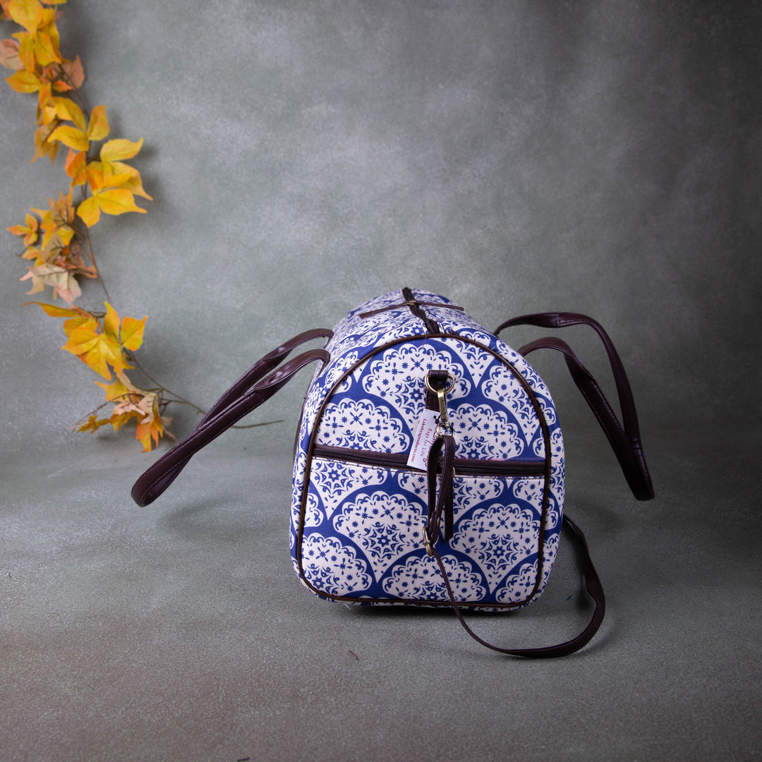 Water-Resistant Travel Bags White with Blue Prints.