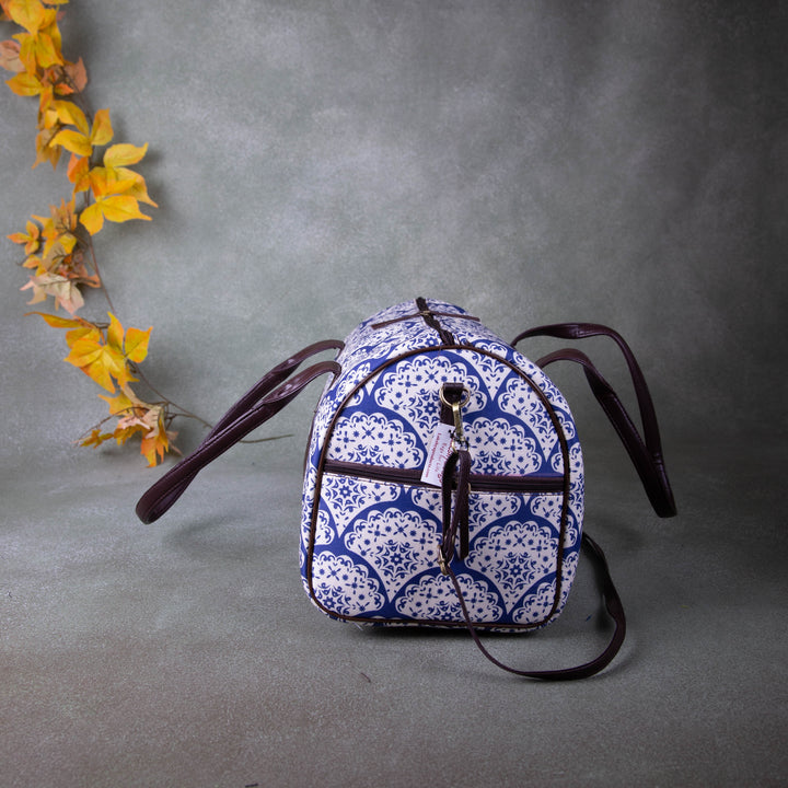 Water-Resistant Travel Bags White with Blue Prints.