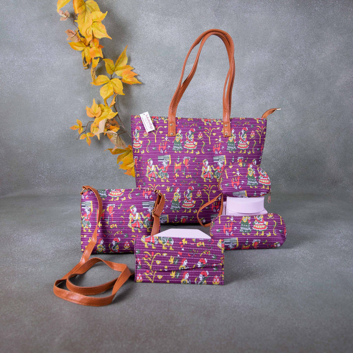 Go Special Tote Combo Set Violet Colour Kalamkari Design.