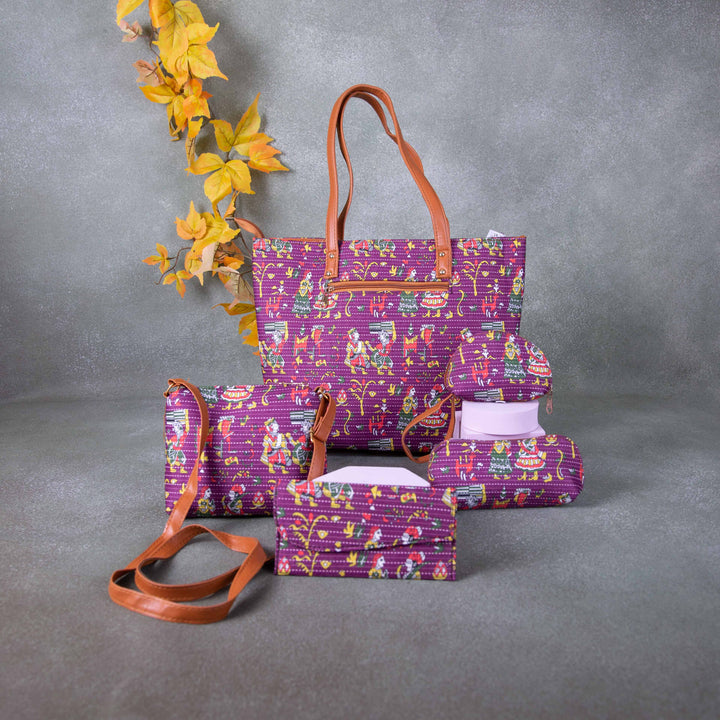 Go Special Tote Combo Set Violet Colour Kalamkari Design.