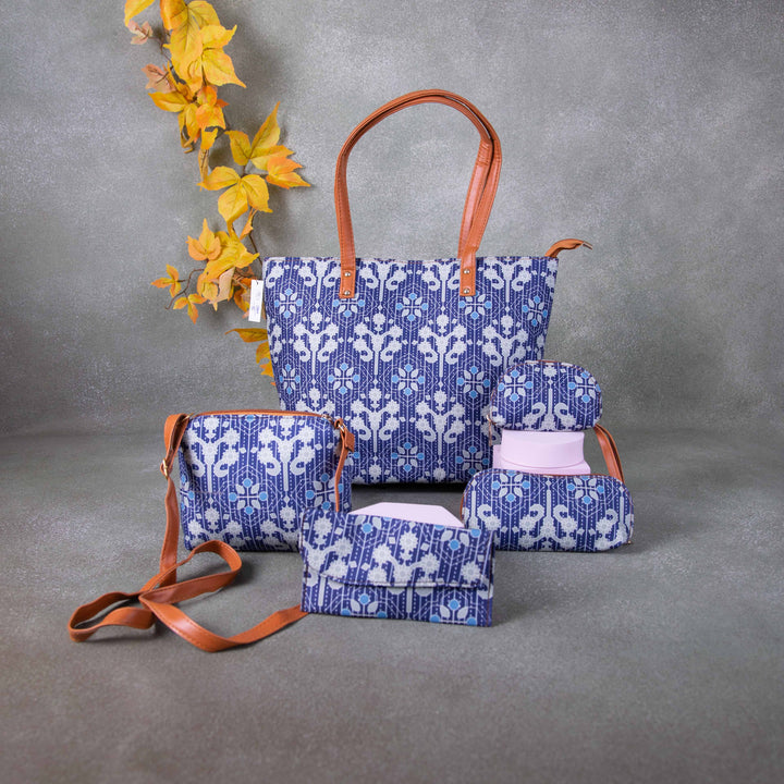 Go Special Tote Combo Set Blue with White Flower Design.