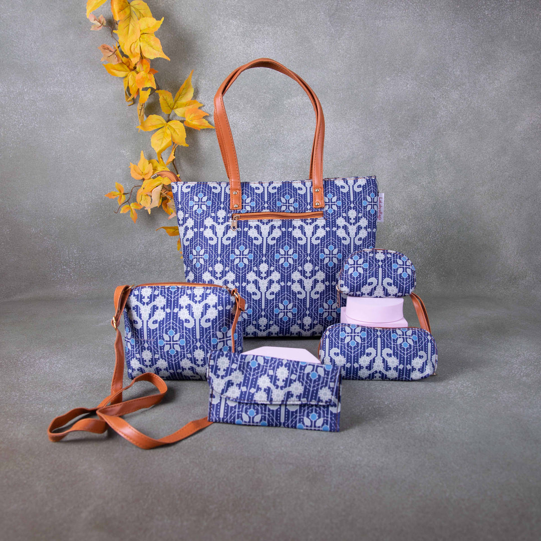 Go Special Tote Combo Set Blue with White Flower Design.