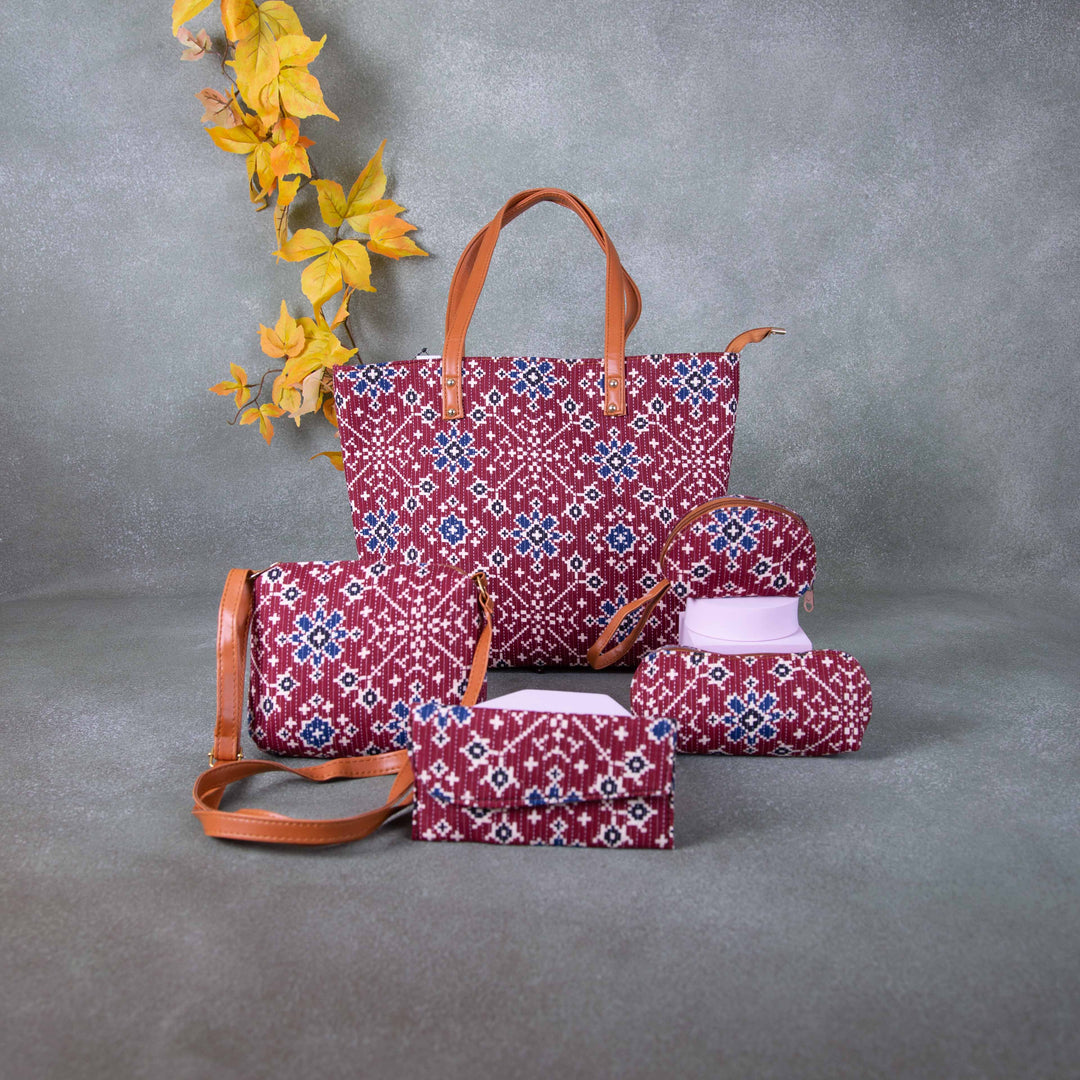 Go Special Tote Combo Set Maroon with Blue Colour Flower Design.