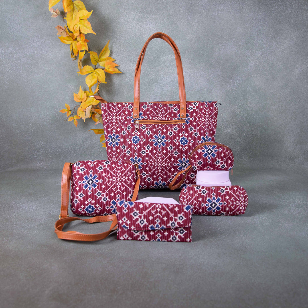 Go Special Tote Combo Set Maroon with Blue Colour Flower Design.