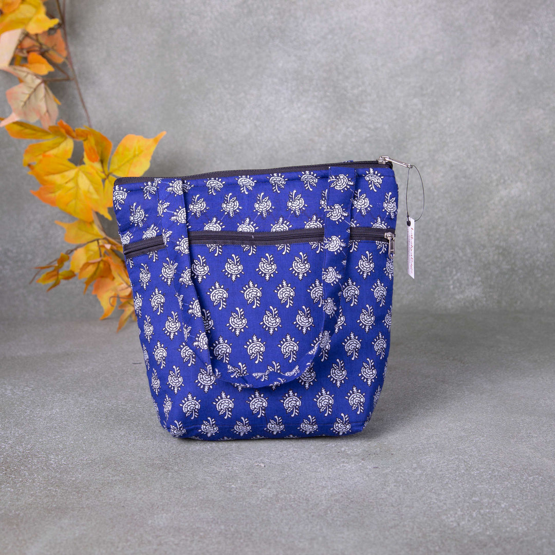 Small Handbag Blue Colour with Grey Small Flower Design