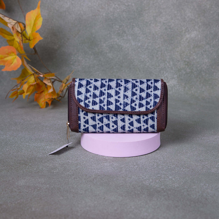 Handmade Wallets -  Dual Zip Blue Triangle Dot Design