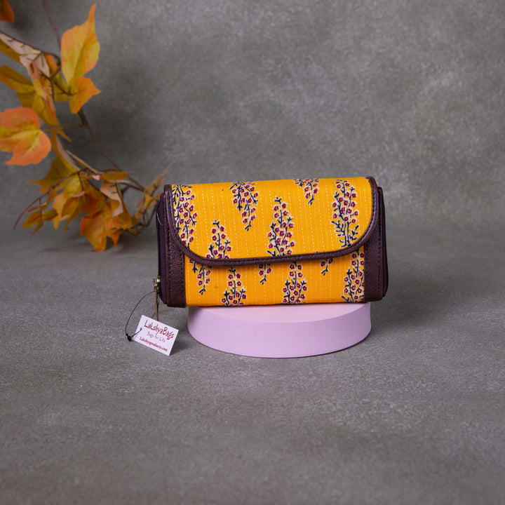 Handmade Wallets -  Dual Zip Yellow Flower Design