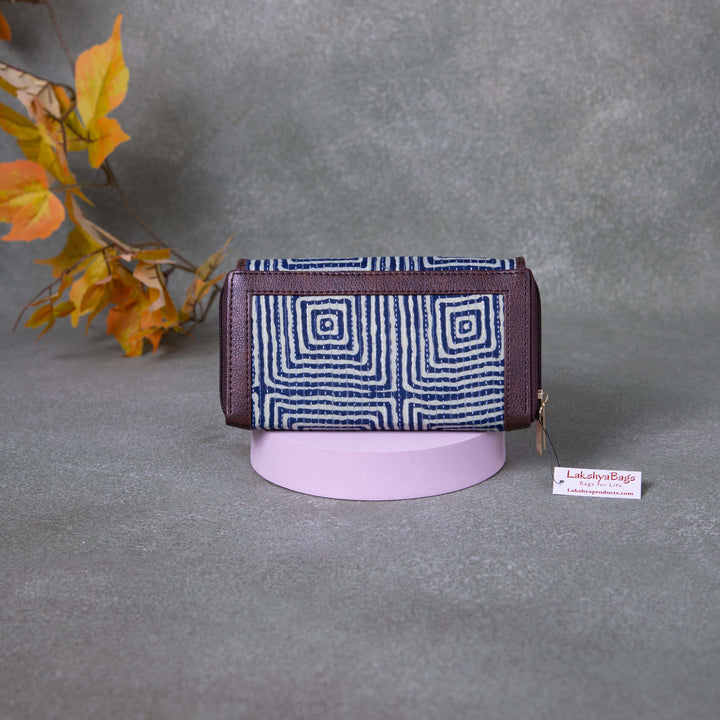 Handmade Wallets -  Dual Zip Blue Geometrical Design