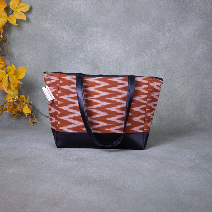 Sarus Crane Series Jumbo Tote Brown Colour with White Zig Zag Lines Design