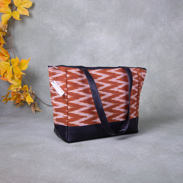 Sarus Crane Series Jumbo Tote Brown Colour with White Zig Zag Lines Design