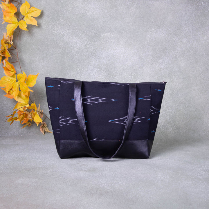 Sarus Crane Series Jumbo Tote Black Colour with Blue Dots Horizontal Prints Design.