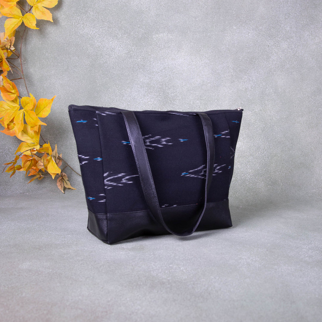 Sarus Crane Series Jumbo Tote Black Colour with Blue Dots Horizontal Prints Design.