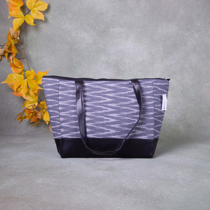 Sarus Crane Series Jumbo Tote  Grey Colour With White Zig Zag Horizontal Printed Design