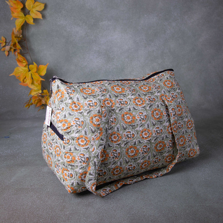 Weekender Travel Bag Green Colour with White and Orange Flower Printed Design