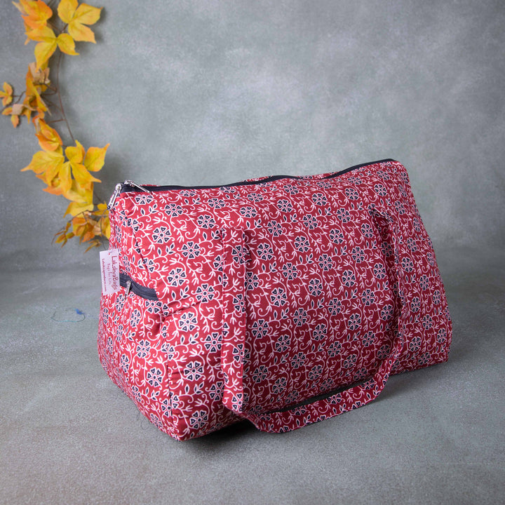 Weekender Travel Bag Kalamkari Red colour with Flower Printed Design
