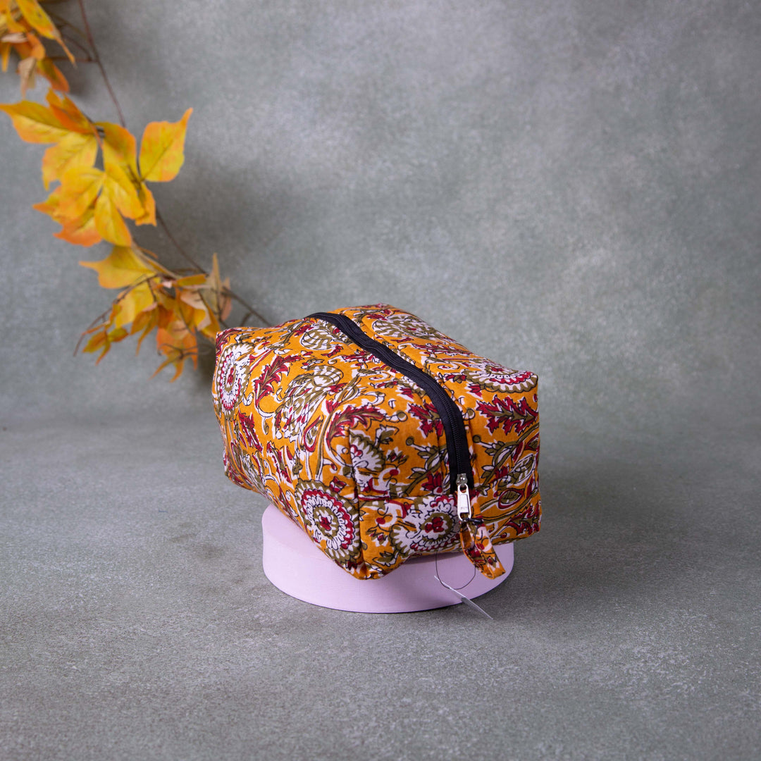Vanity Pouch Yellow with Red Flower Kalamkari Design.