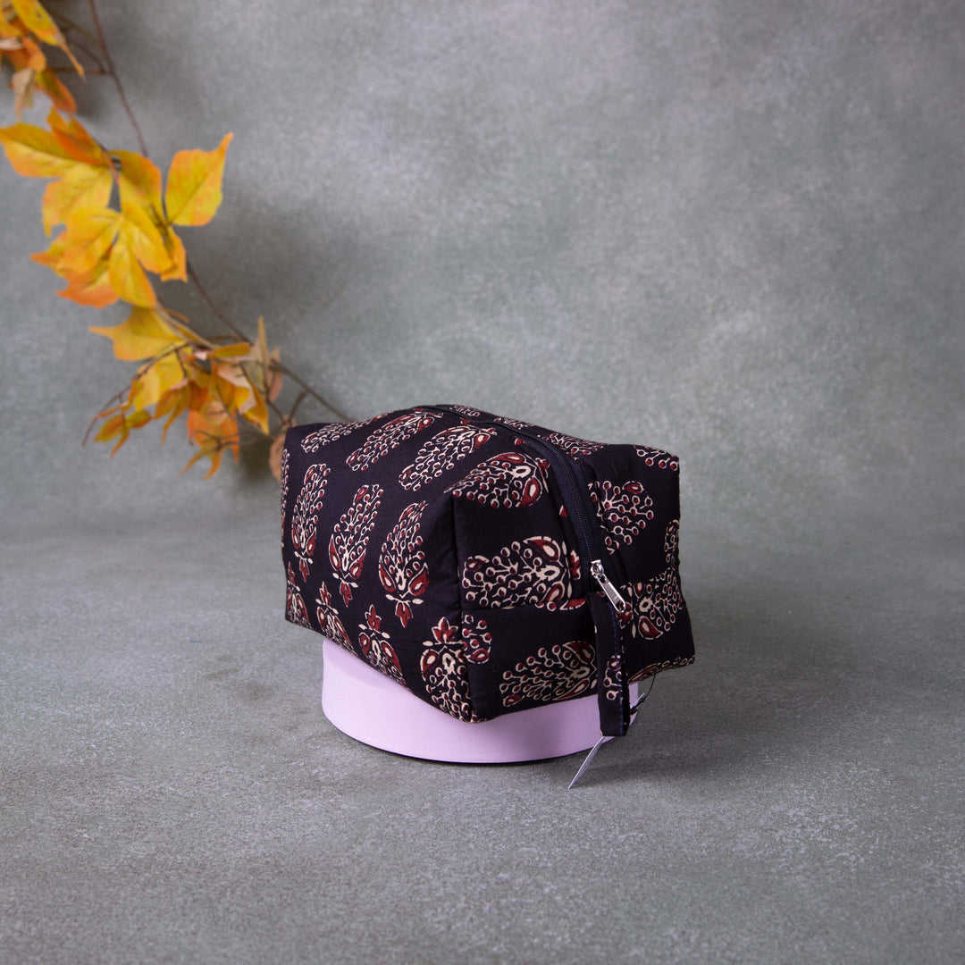 Vanity Pouch Black with Sandal White Flower Printed Design.