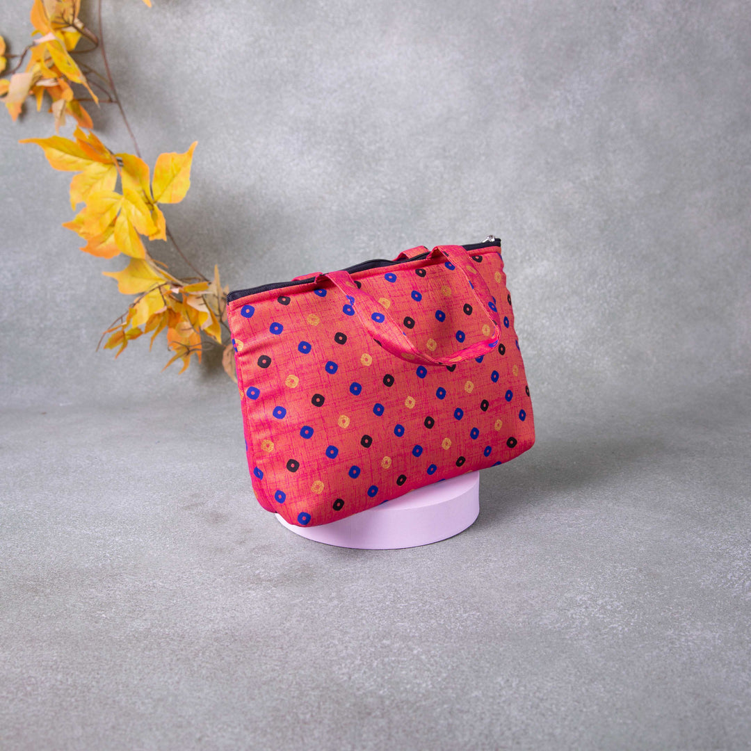 Bristlefront everyday handy bags Orange Colour with blue and Gold Dots Printed Design.