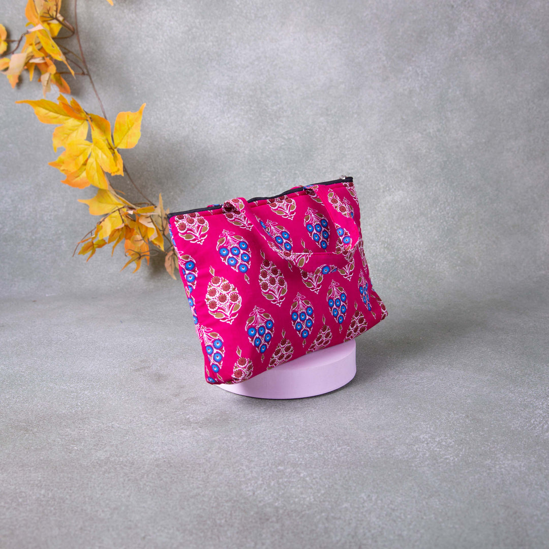 Bristlefront everyday handy bags Pink Colour with Blue and Brown Leaf Design.