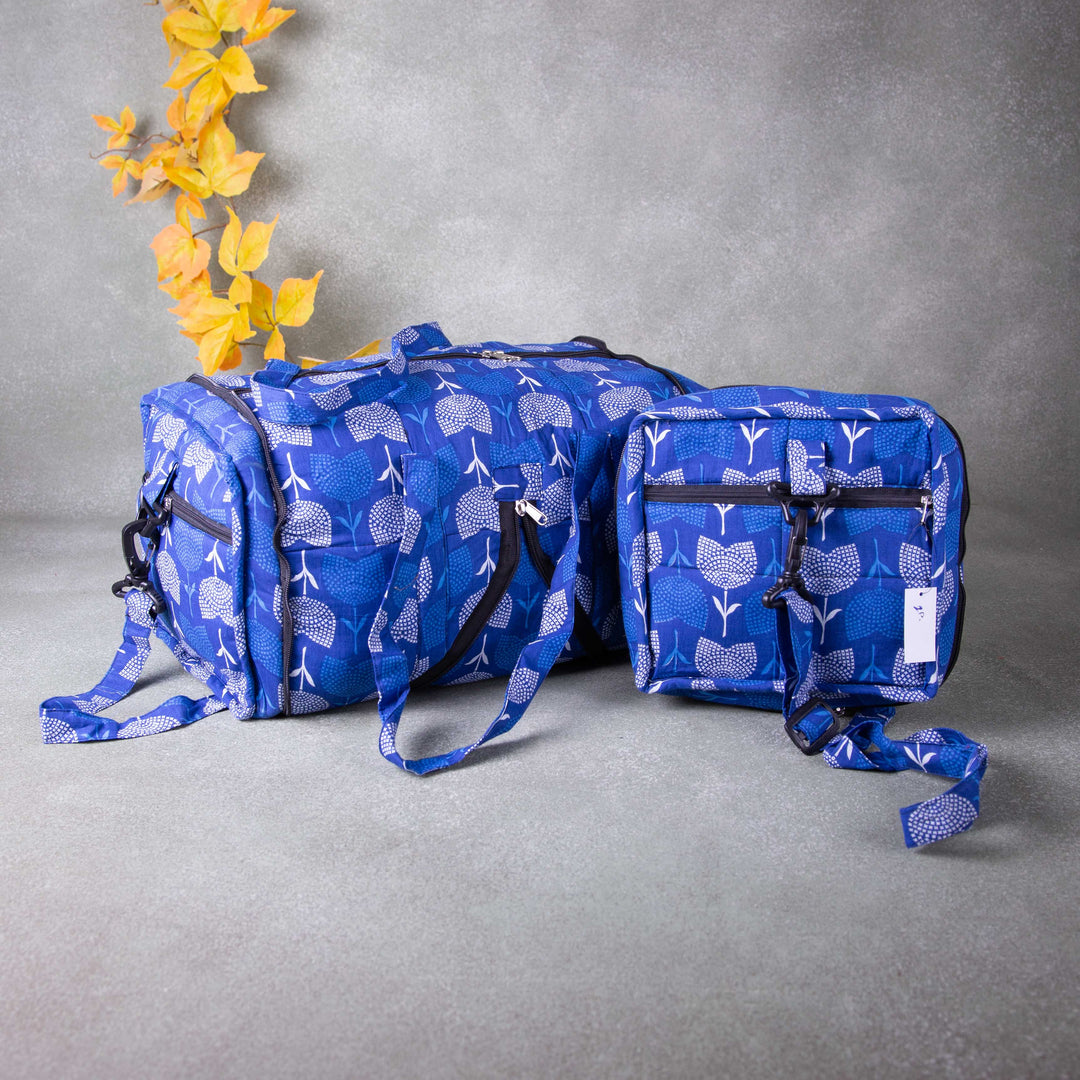 Expandable Travel Bag Blue Colour with Big Blue and White Flower Design.