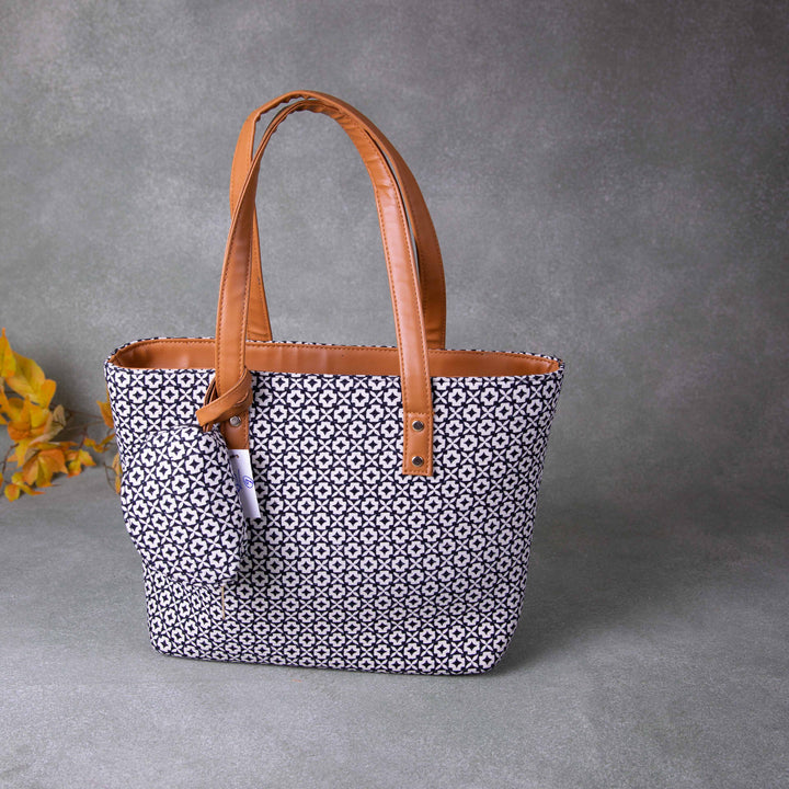 Double Zippered Tote Black Colour White Geometrical Printed Design.