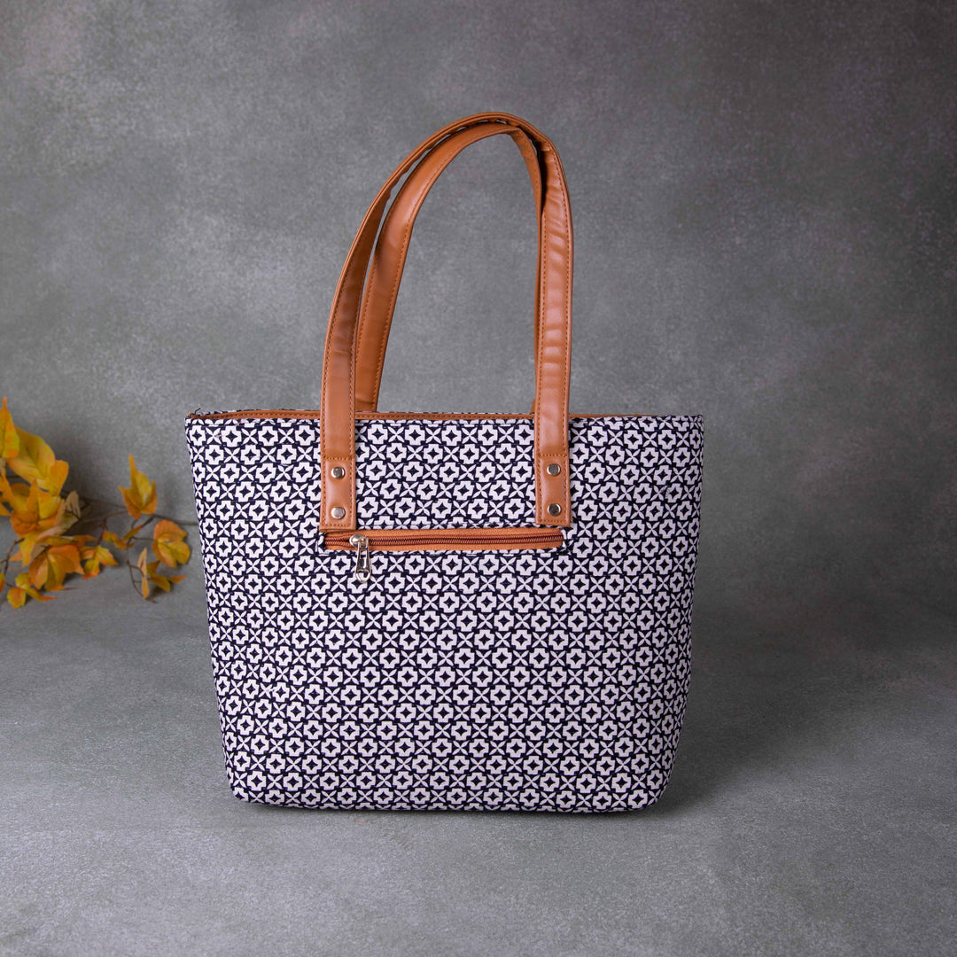 Double Zippered Tote Black Colour White Geometrical Printed Design.