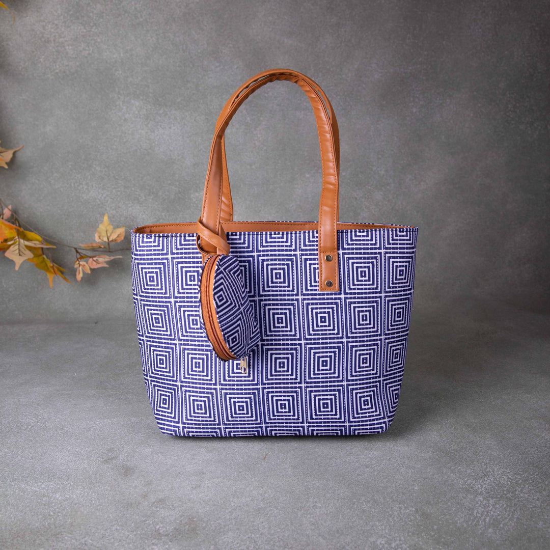 Double Zippered Tote Blue Colour with Geometrical Printed Design.