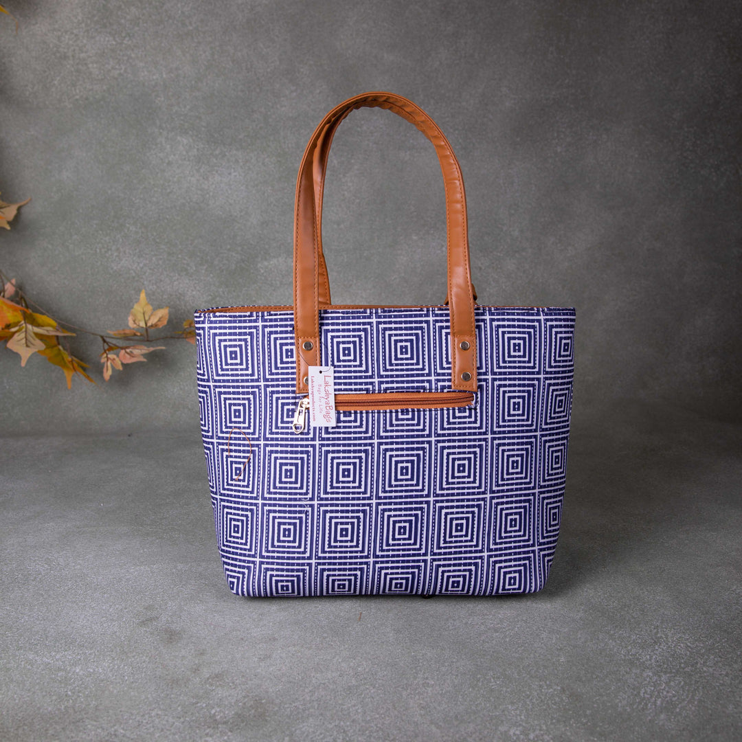 Double Zippered Tote Blue Colour with Geometrical Printed Design.