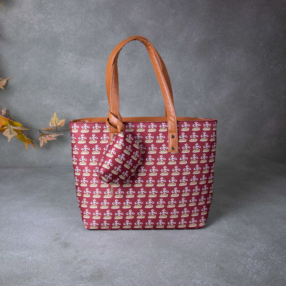 Double Zippered Tote Maroon Colour with Sandal Flower Design.