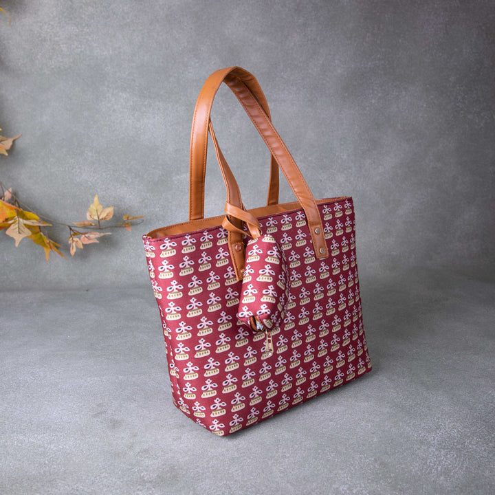 Double Zippered Tote Maroon Colour with Sandal Flower Design.