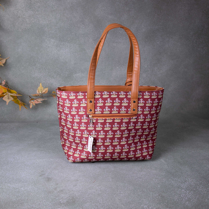 Double Zippered Tote Maroon Colour with Sandal Flower Design.