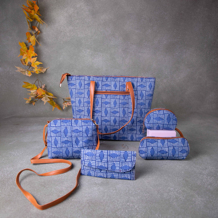 Go Special Tote Combo Set Blue with Geometrical Printed Design.