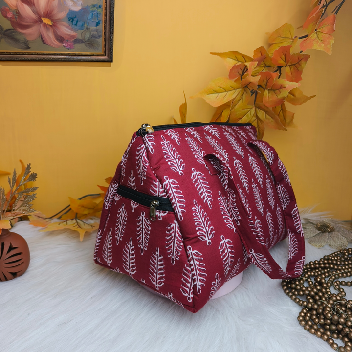 Barrel Handbags Red Color With White leaf Design