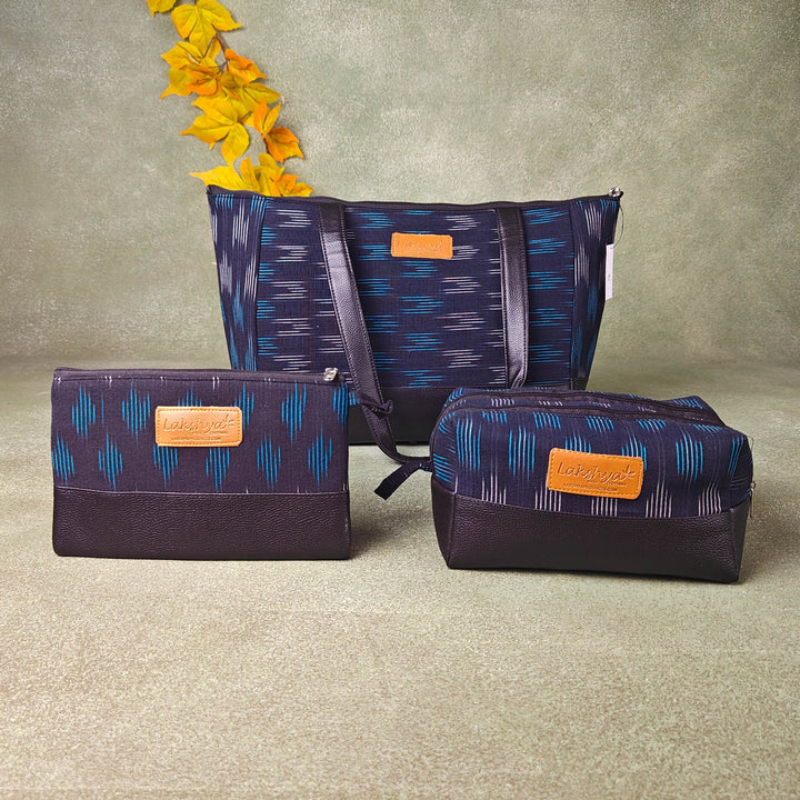 Hindustani Tote Combo Blue with White Polka Dots Horizontal Prints