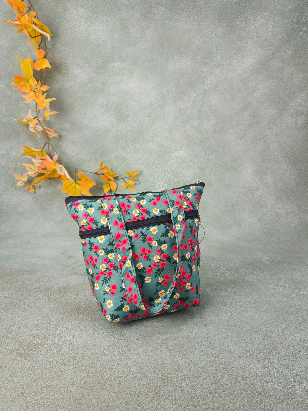 Small handbags Green with Red Botanical Prints Design